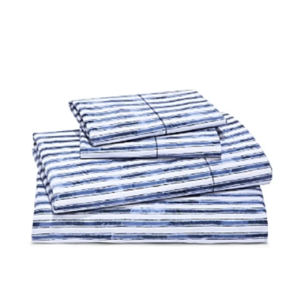 Sky Watercolor Stripe Percale Full Sheet Set, Navy White New w/Tag $175